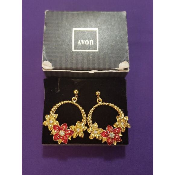 Vintage Avon Signed Poinsettia Dangle Hoop Pierced Earrings Gold Tone Red Enamel - Picture 1 of 8